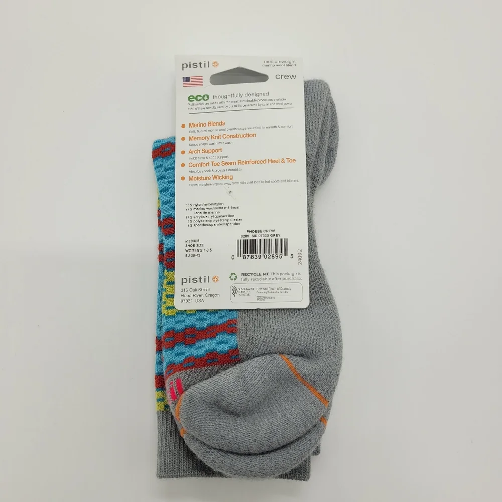 Pistil Phoebe Crew Socks Merino Wool Blend Teal Stripe Grey Womens Medium NEW